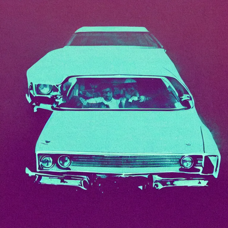 Image similar to 1 9 7 0 s car with exposed circuit boardy, silhouettes in field behind, film photo, soft lighting album cover, nostalgia, turquoise gradient