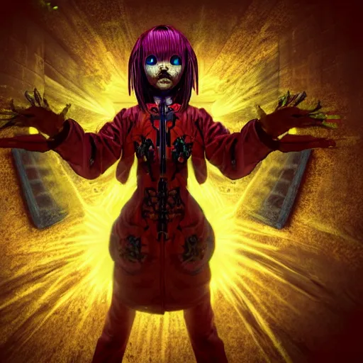 Prompt: A necromancer pulsing with necrotic energy, Art by Shintaro Kago, power auras, sigils, tattered cloth robes, substance 3d painter, PBR textures, Physical based rendering, cinematic, hyper realism, high detail, octane render, unreal engine, 8k, Vibrant colors, Smooth gradients, High contrast, depth of field, aperture f2.8