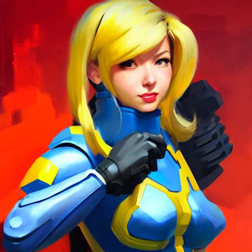 Image similar to Greg Manchess portrait painting of Samus Aran as Overwatch character with League of Legends outfit, medium shot, asymmetrical, profile picture, Organic Painting, sunny day, Matte Painting, bold shapes, hard edges, street art, trending on artstation, by Huang Guangjian and Gil Elvgren and Sachin Teng