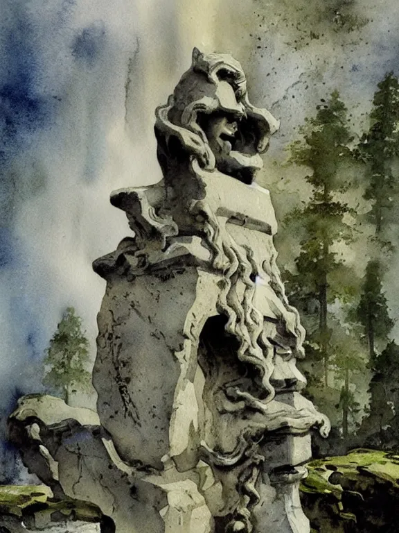 Image similar to abstract watercolor painting of scandinavian roman god monument, in stone and marble, covered in moss, magical and traditional, runes, cinematic light, national romanticism by anders zorn, by greg rutkowski, by greg manchess