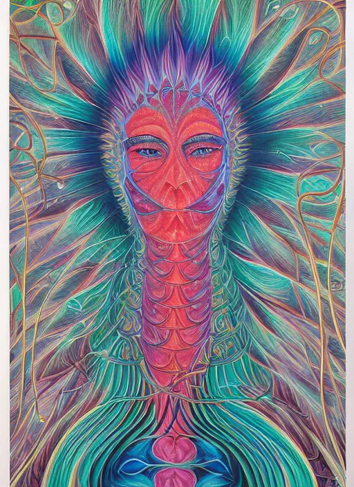 Image similar to alex grey painting depicting teal swan