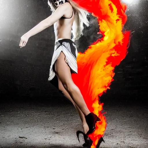 Image similar to rage dance, anger rave, fiery colors, music blasting, in high fashion photoshoot,