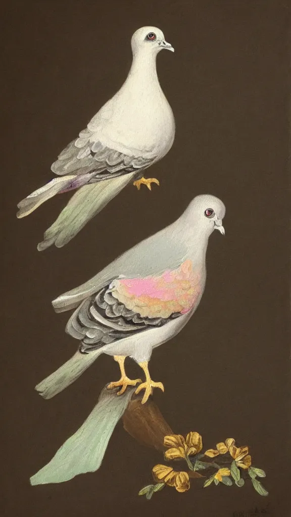 Prompt: rococo painting of a pigeon, pastel colour palette, iridescent