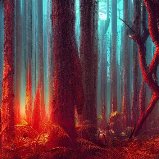 Prompt: a cyberpunk forest, digital art, hyper realism