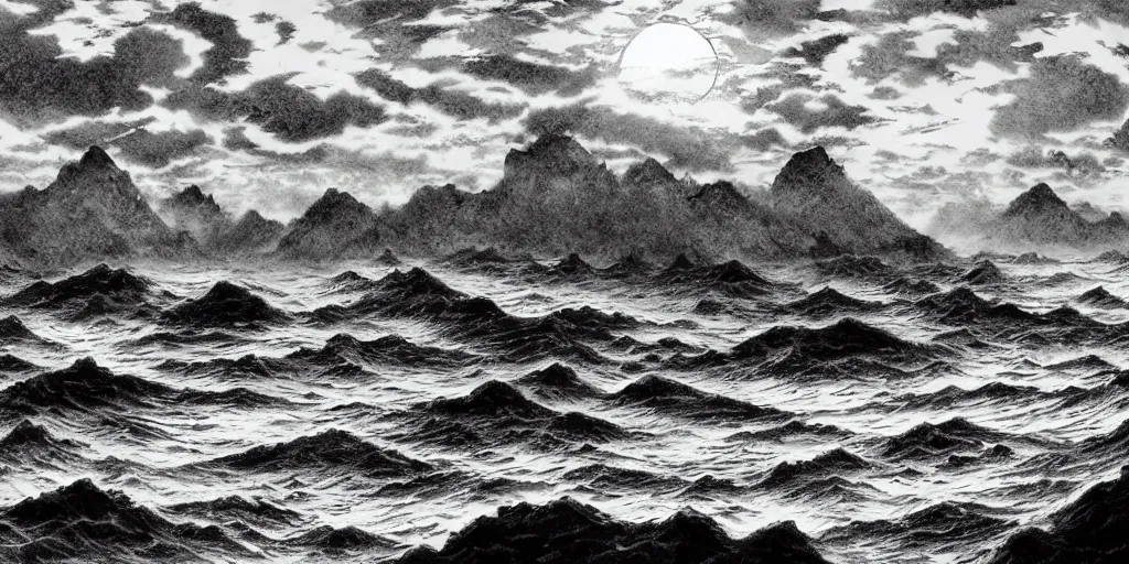 Image similar to illustration of the shore on a beautiful morning, monochrome, manga style, by Kentaro Miura, sharp, dramatic lighting