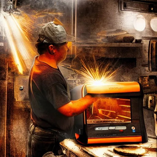 Image similar to cyborg toaster oven repairman, dark messy smoke - filled cluttered workshop, dark, dramatic lighting, orange tint, sparks, plasma rays, cinematic, highly detailed, sci - fi, futuristic, movie still, rule of thirds composition