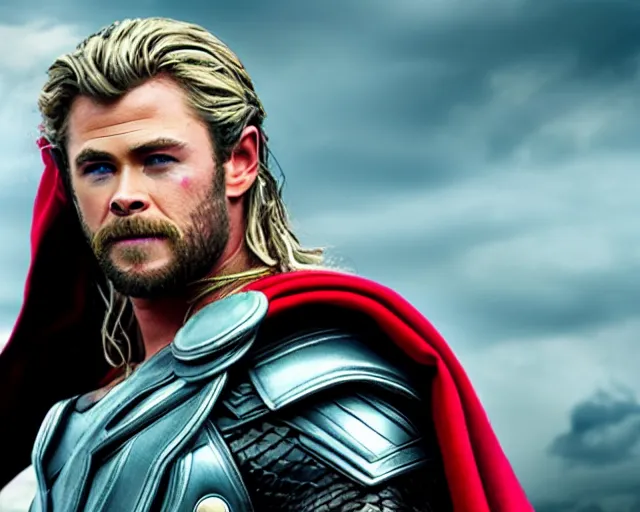 Image similar to Chris Hemsworth as thor wearing drag queen makeup, gay parada background, cinematic shot, 8k resolution, hyper detailed