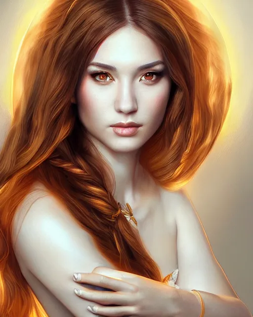 Image similar to beautiful auburn priestess portrait, artgerm, photorealism, radiant halo of light