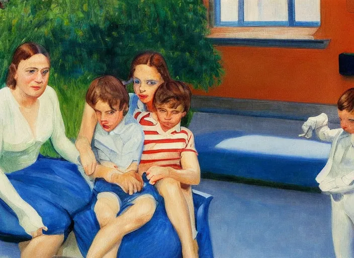 Image similar to detailed painting of mother with two sons aged 6 and 9 on vacation in the druskininkai resort by edward hopper