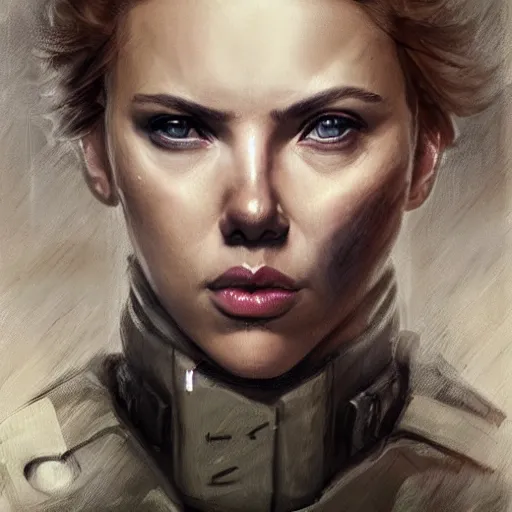 Image similar to old solid snake played by by scarlett johansson, military art, face portrait, hd shot, digital portrait, elegant, beautiful, fantasy art, artstation, comic style, by artgerm, guy denning, jakub rozalski, magali villeneuve and charlie bowater