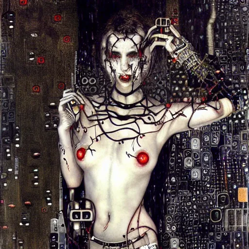 Prompt: depraved cybernetic vampire trapped in circuitry, intricate detail, klimt, miro, royo, whealan,