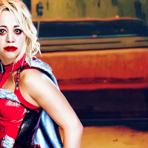 Image similar to A still of Kaley Cuoco as Harley Quinn