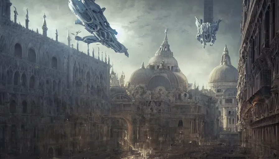 Image similar to a gargantulan alien ufo high tech spaceship eerily hovering on italy venice city landscape with beautiful temples by greg rutkowski, artgerm, ross tran, magali villeneuve, intricate, time travel theme, audince in awe, spectacle, audience sorrounding, award winning, octane render, masterpiece, 8 k, beautiful