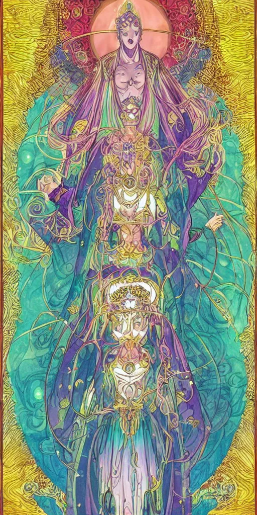 Image similar to a mystical woman priestess sitting on a throne, the divine feminine, drawn by studio UFOTABLE, psychedelic, pastel colors, Tarot cards. The empress tarot card, detailed, anime