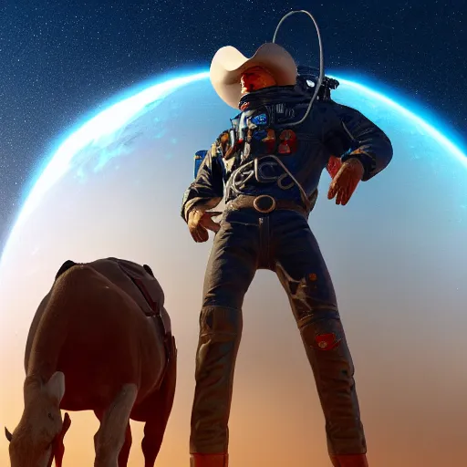 Prompt: apollo 8 cowboy earthrise cowboy in cowboy space, octane render, blender render, unreal engine, 3 5 mm, cowboy, with earth in rising in the sky in the background, trending on artstation, art by bartosz jaworski