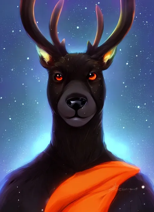 Image similar to award winning beautiful portrait commission of a male furry anthro Black Reindeer fursona with a tail, wings and a cute beautiful attractive detailed furry face wearing stylish black and orange galaxy clothes in a outerspace city at night while it rains. Character design by charlie bowater, ross tran, artgerm, and makoto shinkai, detailed, inked, western comic book art