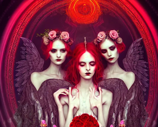 Image similar to three stunning otherworldly gothic goddesses with beautiful angelic faces, wearing psychedelic wicca, in wedding dresses, red neon roses, full body, dark and mysterious, atmospheric, ominous, eerie, cinematic light, epic, 8 k 3 d, ultra detail, ultra realistic, by wlop, by mucha