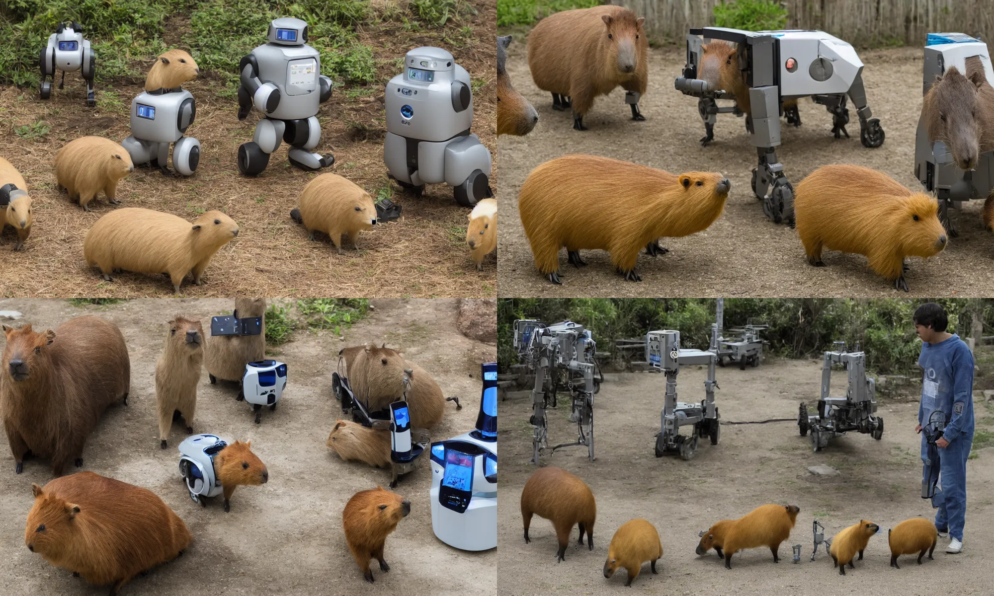 Prompt: two robots guard a capybara