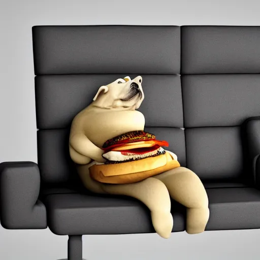 Image similar to An obese dog holding a hamburger, sitting on a grimy, dirty couch, trending on artstation, 4k, 8k, artstation 3d, artstation render, artstation 3d render, 3d art, unreal engine 3d, octane 3d, blender 3d, 3d landscape