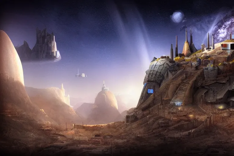 Image similar to favela spaceship cathedral bunker, desert environment, industrial factory, cliffs, bright, milky way, award winning art, epic dreamlike fantasy landscape, ultra realistic,