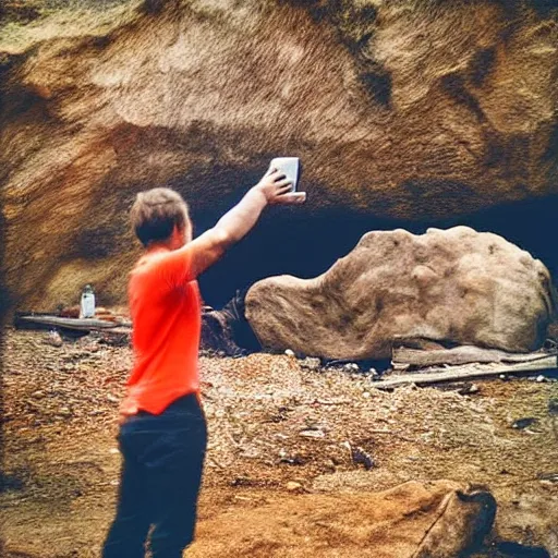 Prompt: “colur photo an homo Neanderthal taking a photo with his iPhone in front of a cave to a rusted pork on the fire, photoreal photojournalism, National Geographic style”