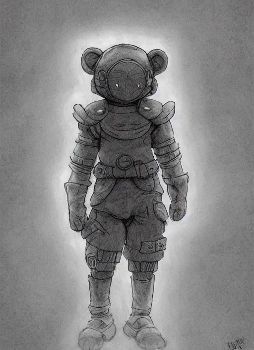 Image similar to beautiful little boy wearing an cyborg bear suit, artwork in kentaro miura and made in abyss and rosdraws, smooth, beautiful lightness, anatomically correct, trending on pixiv, forest