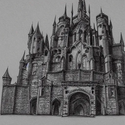 Image similar to a sprawling gothic castle fortress university, organic and art noveau, artstation, beutifully detailed pencil drawing, wide angle