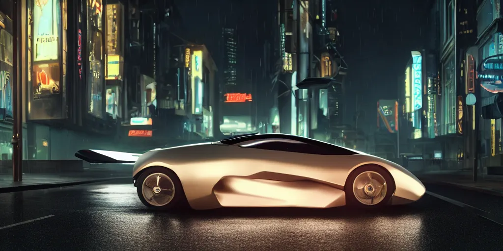 Prompt: cinematic movie scene, beautiful Product shot film still of a Syd Mead futuristic modern sleek automobile with bright headlights on a wet street at night in cyperpunk city at a valet for a fancy restaurant, hard surface modeling, volumetric soft lighting, style of Stanley Kubrick cinematography, 8k H 768