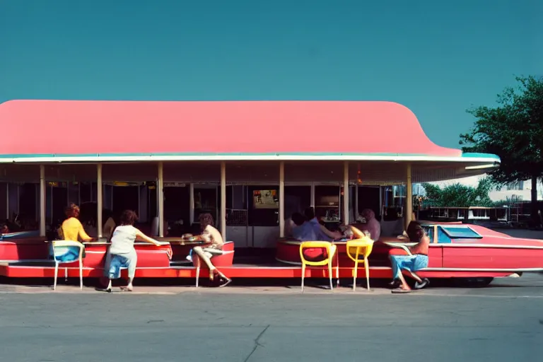 Image similar to 1 9 7 5 googie popsicle people sitting at tables, googie architecture, two point perspective, americana, restaurant exterior photography, hd 4 k, taken by alex webb