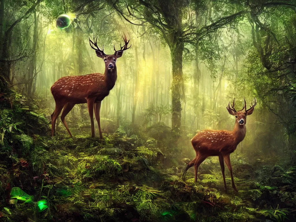 Prompt: a fantasy beautiful dense biorelevant rainforest setting, ultrawide angle, a deer made of bright neon ether light sparkle, cinematic lighting, extremely emotional, extremely dramatic, surround it with pixie dust ether floating in the air, hdr, epic scale, cmyk, deep spectrum color