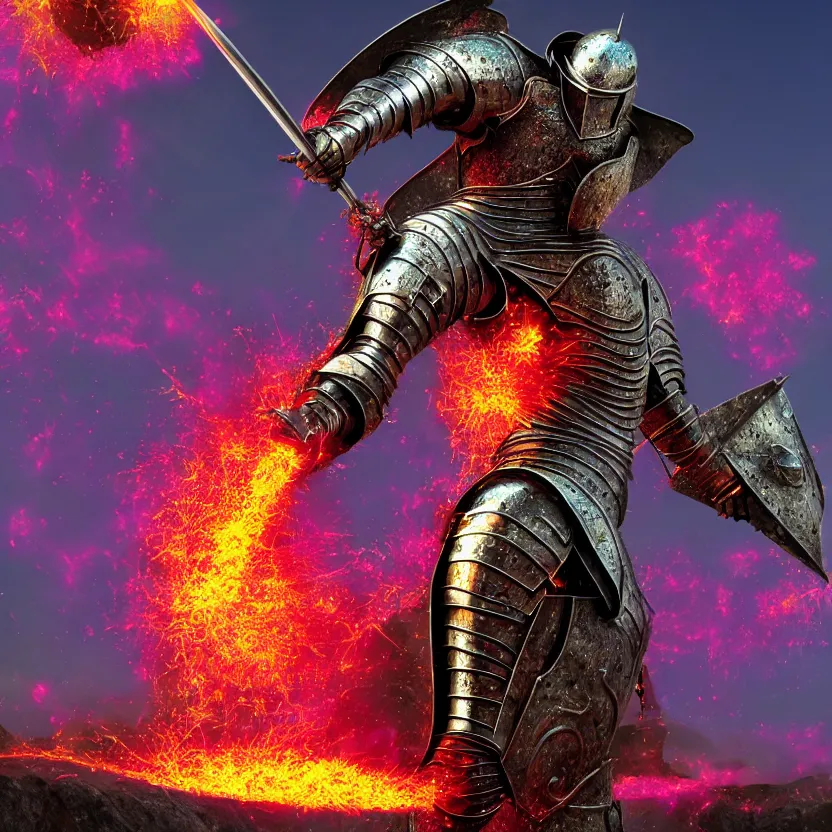 Image similar to hyper realistic matte painting of a medieval fantasy knight in a t - pose exploding into colorful metal shrapnel, octane render by alex grey