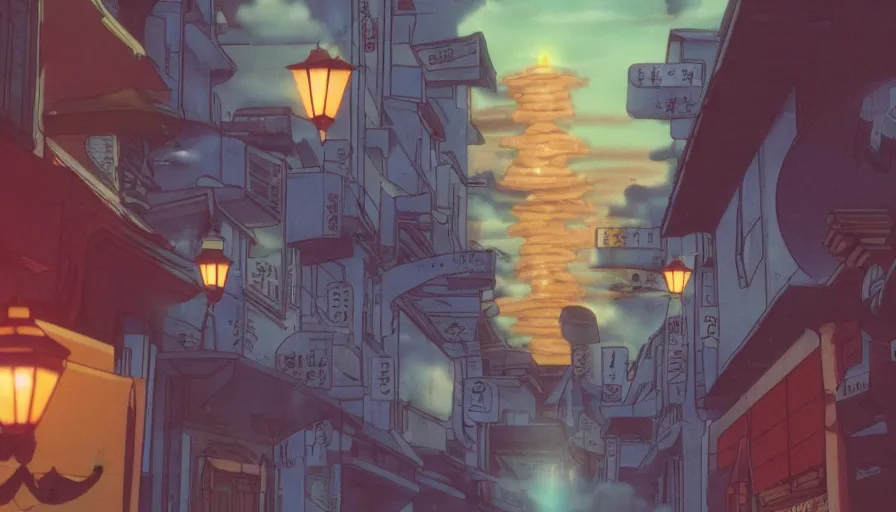 Prompt: A film still from a 1990s Sailor Moon cartoon featuring a moody street in Japan with a waterfall and lanterns, lofi aesthetic, golden hour, cinematic look, film grain, high detail, high resolution, 8k