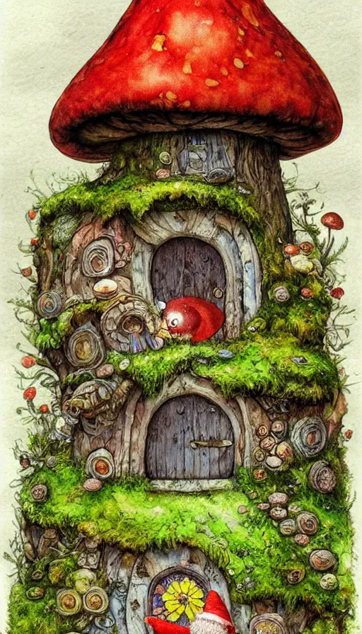 Image similar to extra beautiful colorful whimsical storybook style full page antique ornate lithograph of moss, fungus, mushroom and flower covered knome hobbit giant mushroom cozy home with door and windows by Jean-Baptiste Monge, post processing, painterly, book illustration watercolor granular splatter dripping paper texture. Trending on artstation, post processing, pen and ink work. sharp focus.