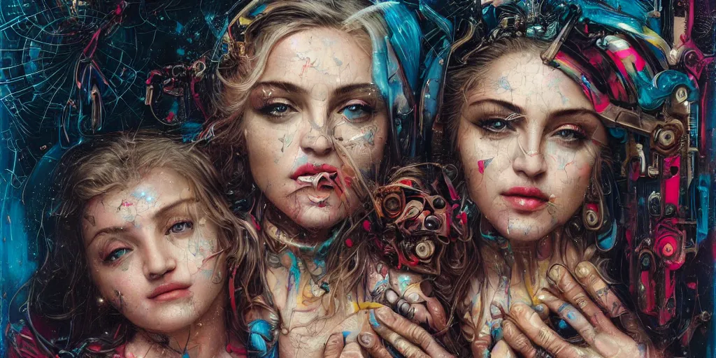 Image similar to portrait of Madonna and Child ,8k,by tristan eaton,Stanley Artgermm,Tom Bagshaw,Greg Rutkowski,Carne Griffiths, Ayami Kojima, Beksinski, Giger,trending on DeviantArt,face enhance,hyper detailed,minimalist,cybernetic, android, blade runner,full of colour, super detailed