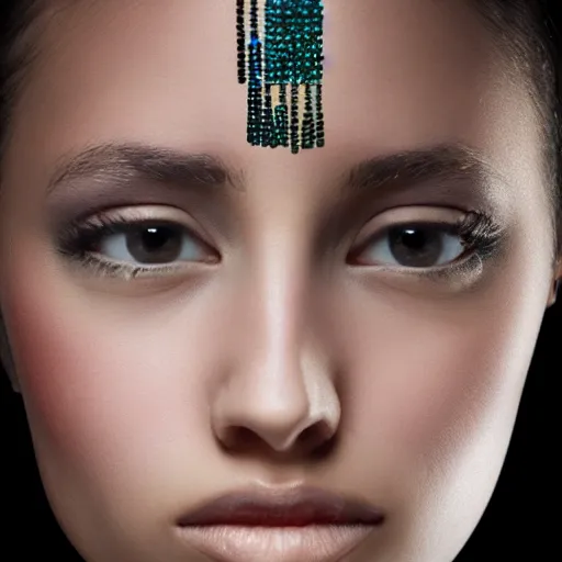 Image similar to portrait high-tech jewelry around her face and head