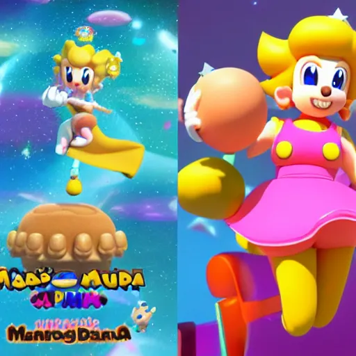 Image similar to 3 d doja cat in the style of nintendo's super mario galaxy, doja cat dressed as princess peach, brown skin, cute beautiful, video game, octane render, artistic, dynamic colors, hideo miyazaki, video game art, 3 d platformer character, bright, fun, smiling, highly detailed, octane render 8 k