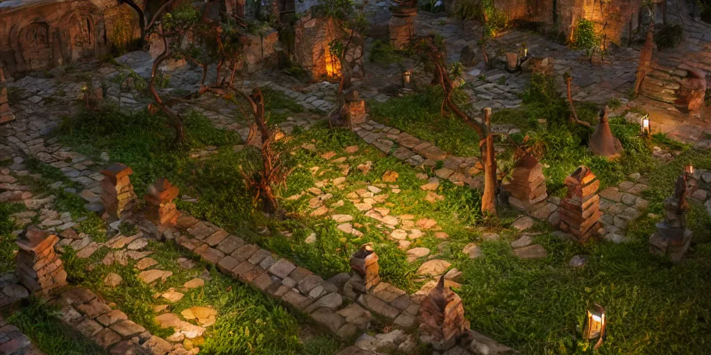 Image similar to medieval gardens at night, dead trees, bushes, thorns, stone pathways, stairs, ponds, gazebos, bridges, 3d model, miniature, iso, isometric view, gas lighting, stone and wood, dead tree, digital art, riot games, blizzard entertainment