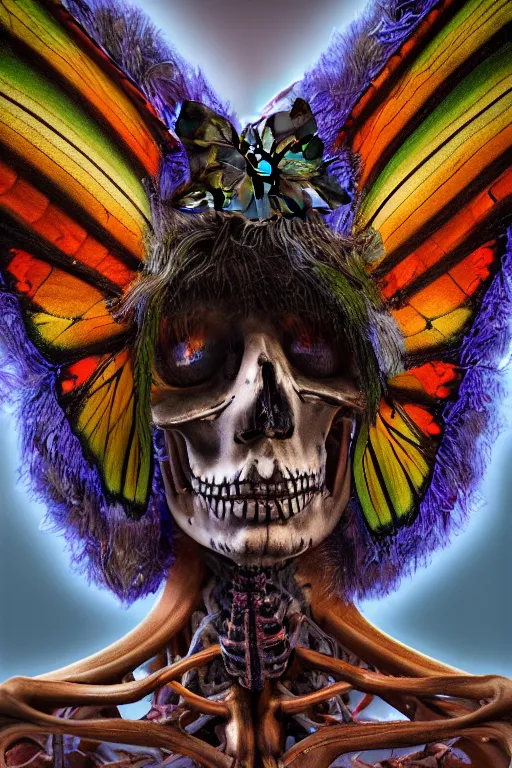 Image similar to a portrait of a skelton with moth wings, highly detailed, digital photo, hdri, by christopher bretz and john carpenter, vivid colors, high contrast, 8 k resolution, intricate, photorealistic, smooth, psychedelic color scheme, concept art, award winning, cg society contest winner