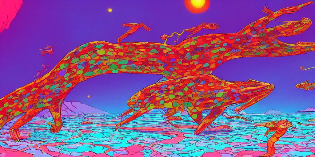 Image similar to electric cats that fly over ice, a lot of tv screens around, shrimps are all over the ground, acid and dreaming psychedelic hallucinations, by moebius and jean giraud, colorful flat surreal design, hd, 8 k, artstation