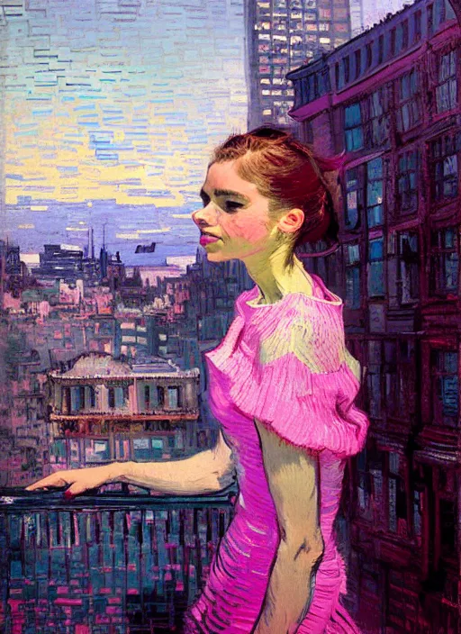 Prompt: portrait of a beautiful girl, city backdrop, smiling, ecstatic, eyes closed, open mouth, shades of pink and blue, beautiful face, rule of thirds, intricate outfit, spotlight, by greg rutkowski, by jeremy mann, by francoise nielly, by van gogh, digital painting