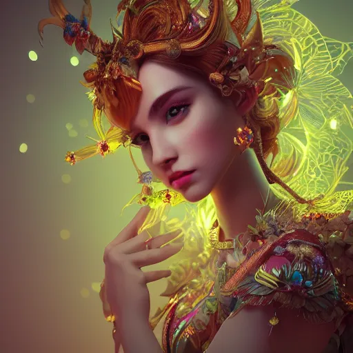 Image similar to portrait of fairy princess, beautiful, attractive, glowing, ornate and intricate, jaw dropping, dynamic lighting, colorful, fairy tale, intricate and detailed, 4 k octane render