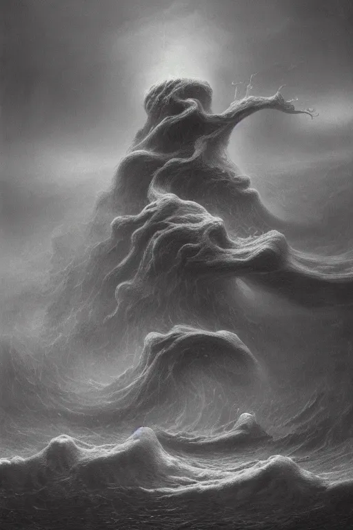 Prompt: A stunning highly detailed Shoggoth by Zdzisław Beksiński, stormy ocean, beautiful lighting, detailed swirling water tornado, artstation