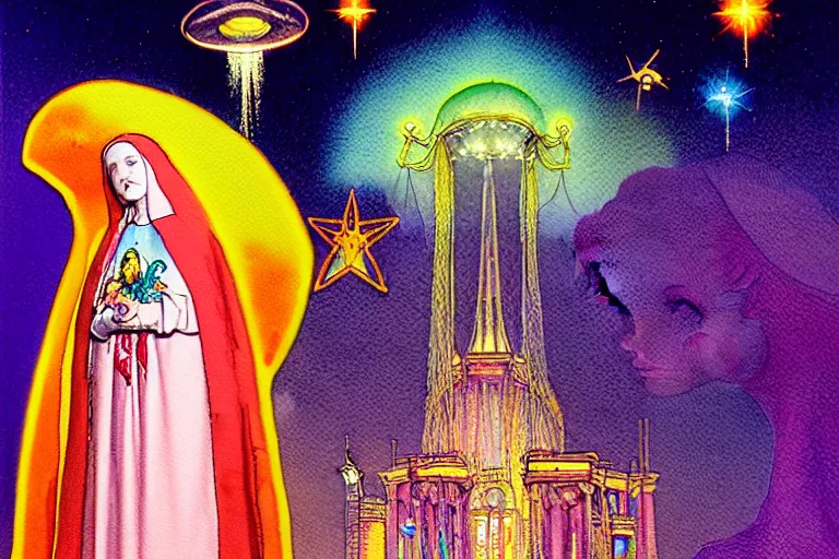 Prompt: a hyperrealist watercolour character concept art portrait of the blessed mary in rainbow gown on well lit night in las vegas, nevada. there is a ufo. neon roses. by rebecca guay, michael kaluta, charles vess and jean moebius giraud