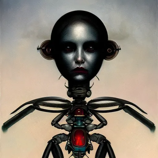 Prompt: mechanical bug, portrait by tom bagshaw