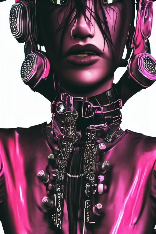 Image similar to detailed realistic female rock star cyberpunk wearing thick technological collar around neck, realistic, art, beautiful, 4K, collar, choker, collar around neck, punk, artstation, detailed, female, woman, choker, cyberpunk, neon, punk, collar, choker, collar around neck, thick collar, tight around neck, punk,