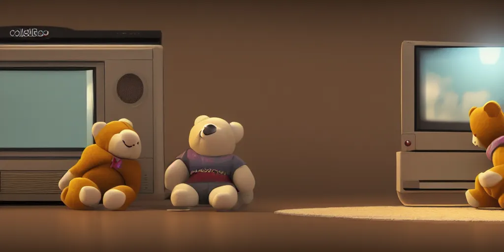 Prompt: two fluffy bears playing coleco vision with an old tv, octane render, 8 k resolution, cinematic