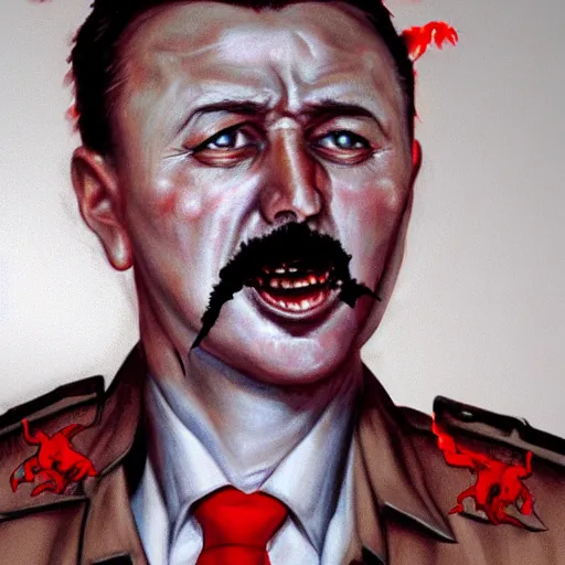 Image similar to igor ivanovich strelkov became an bloody aggressive degenerate hellfire demon calling for total mobilization, photo - realistic, color image, 2 k, highly detailed, bodyhorror, occult art