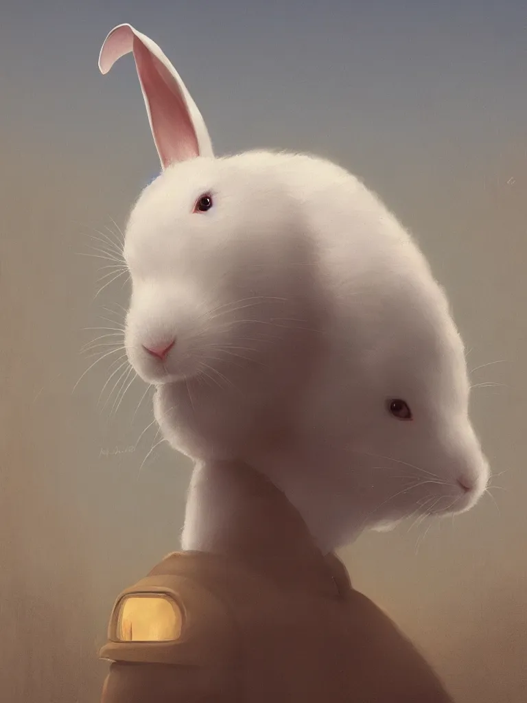 Image similar to a portrait of a white rabbit in a painting from stalenhag, 4 k, 8 k, hdr, artstation, concept art