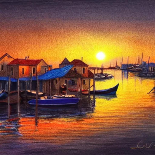 Prompt: Colored pencil art on paper, Venetian port village Sunset reflecting light of the water, highly detailed, artstation, MasterPiece, Award-Winning, Caran d'Ache Luminance