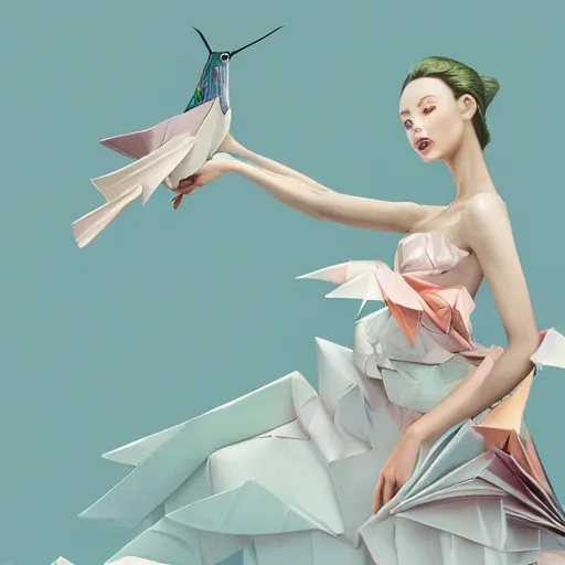 Prompt: 3 / 4 view of a beautiful girl wearing an origami dress, eye - level medium shot, hummingbirds, elegant, by eiko ishioka, givenchy, edgar degas, by peter mohrbacher, centered, fresh colors, origami, fashion, detailed illustration, vogue, high depth of field, japanese, reallusion character creator